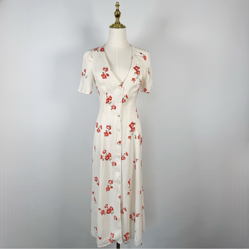 Reformation Locklin Dress Red Floral Button Front Midi size 2